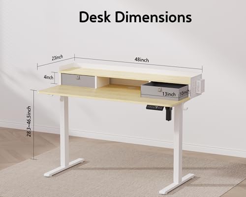 48x24 Inches Electric Standing Desk with 2 Drawers, Height Adjustable Stand up Desk for Home Office, Ergonomic Sit to Stand Table with Storage Shelf
