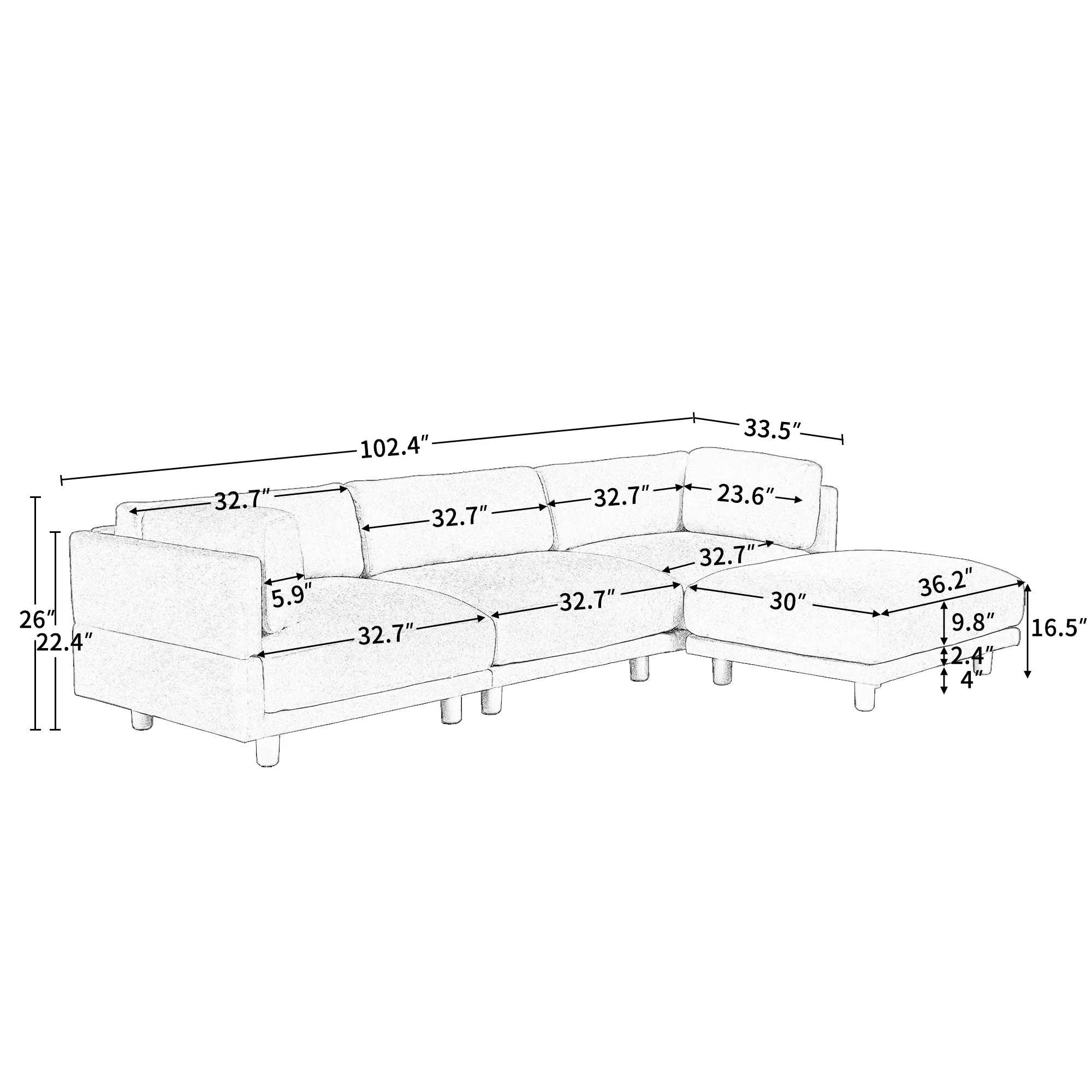 EUROCO 102.4&rdquo; Longer Oversized Convertible Sectional Sofa,Upholstery L Shaped Couch with Reversible Chaise,Beige