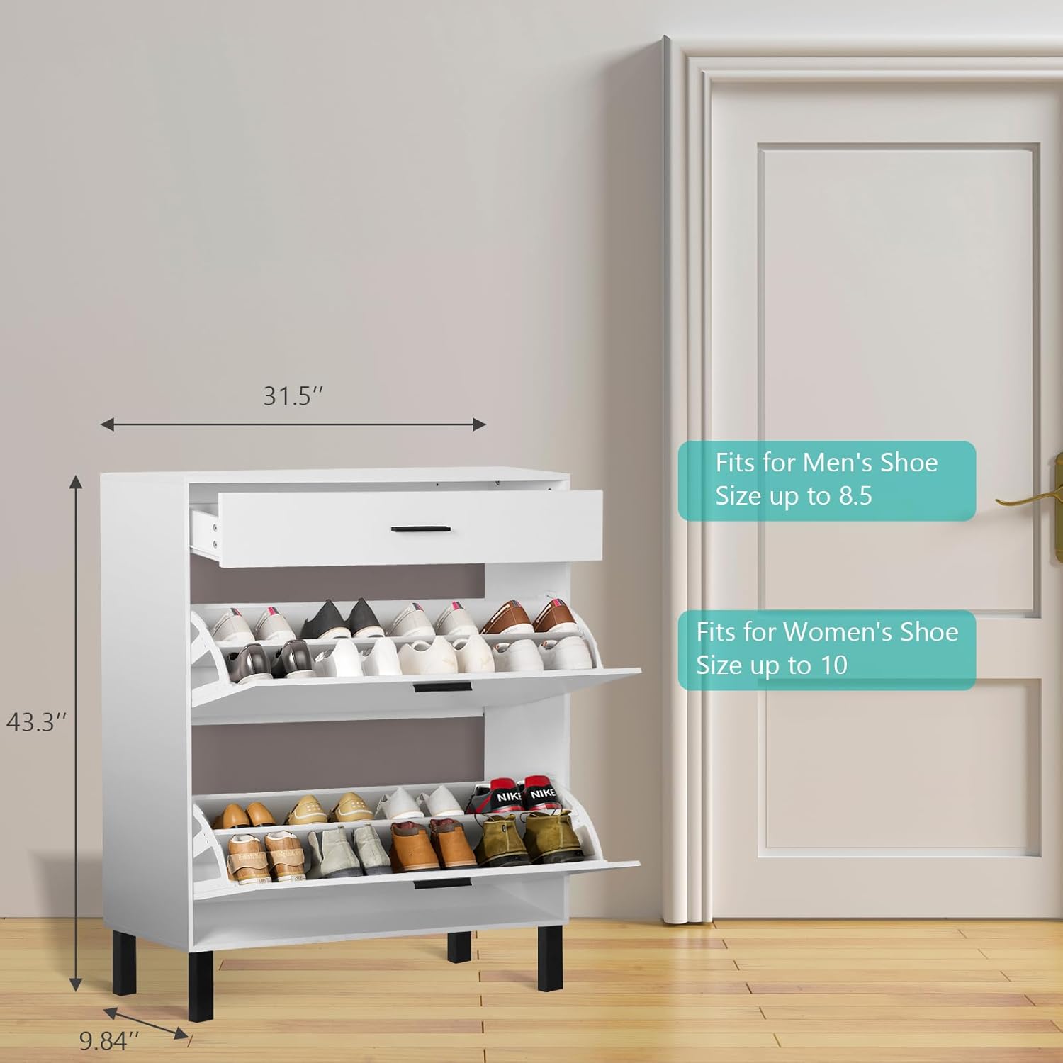 Slim Shoe Cabinet with Doors Wooden Free Standing Shoe Rack with 2 Flip Drawers Modern White Shoe Storage Cabinet with Drawer for Entryway Hallway