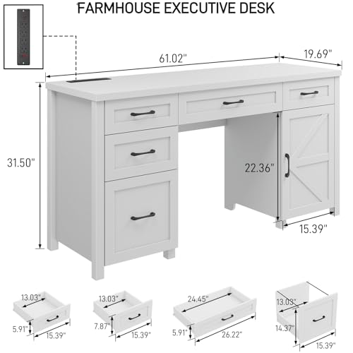 Farmhouse 61'' Executive Desk with 5 Drawers, Rustic Office Desk Computer Desk with Charging Station, File Drawers and Storage Cabinet
