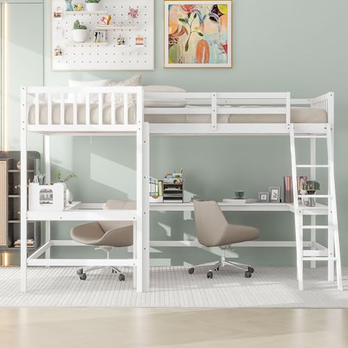 L-Shaped Loft Bed, Wood Twin Size Loft Bed with Desk, L Shaped Beds with Ladder & 2 L-Shaped Desks, Corner Twin Beds for Teens, Adults