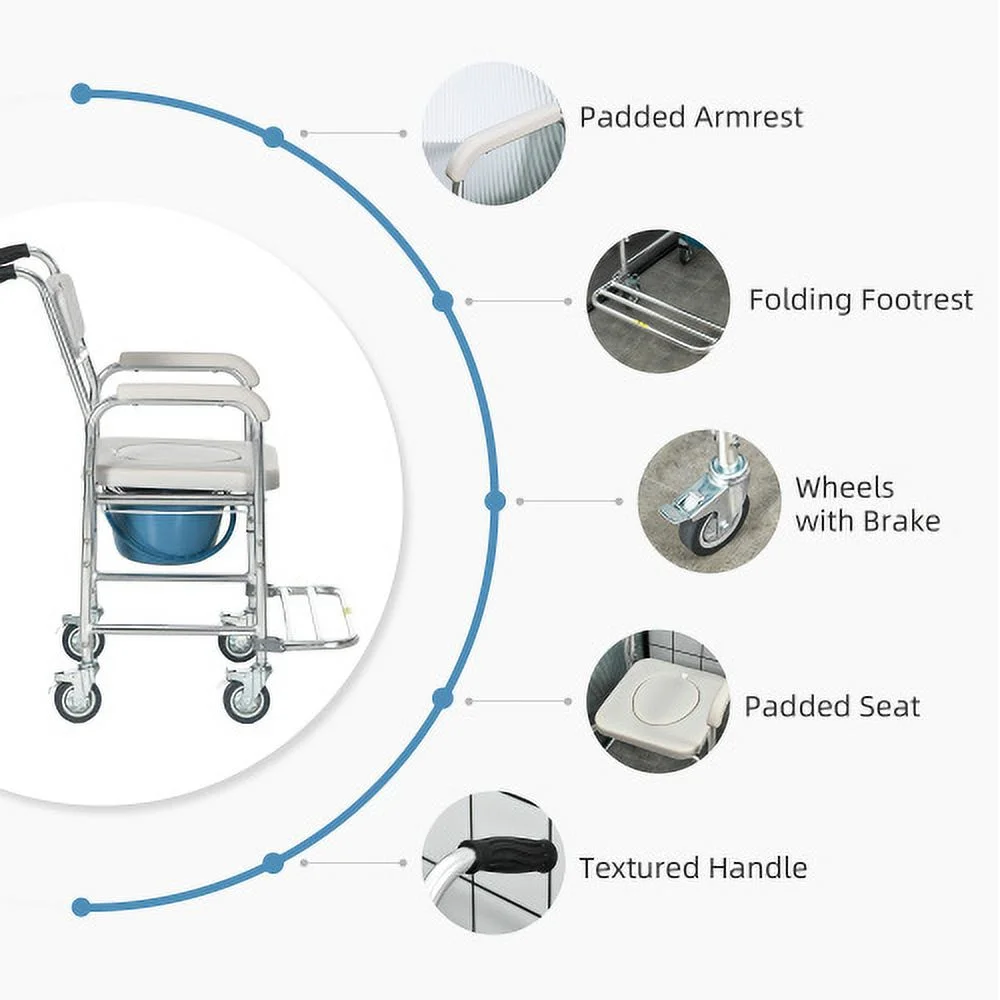 HOMCOM 3-in-1 Shower Commode Wheelchair, Transport Beside Commode Chair