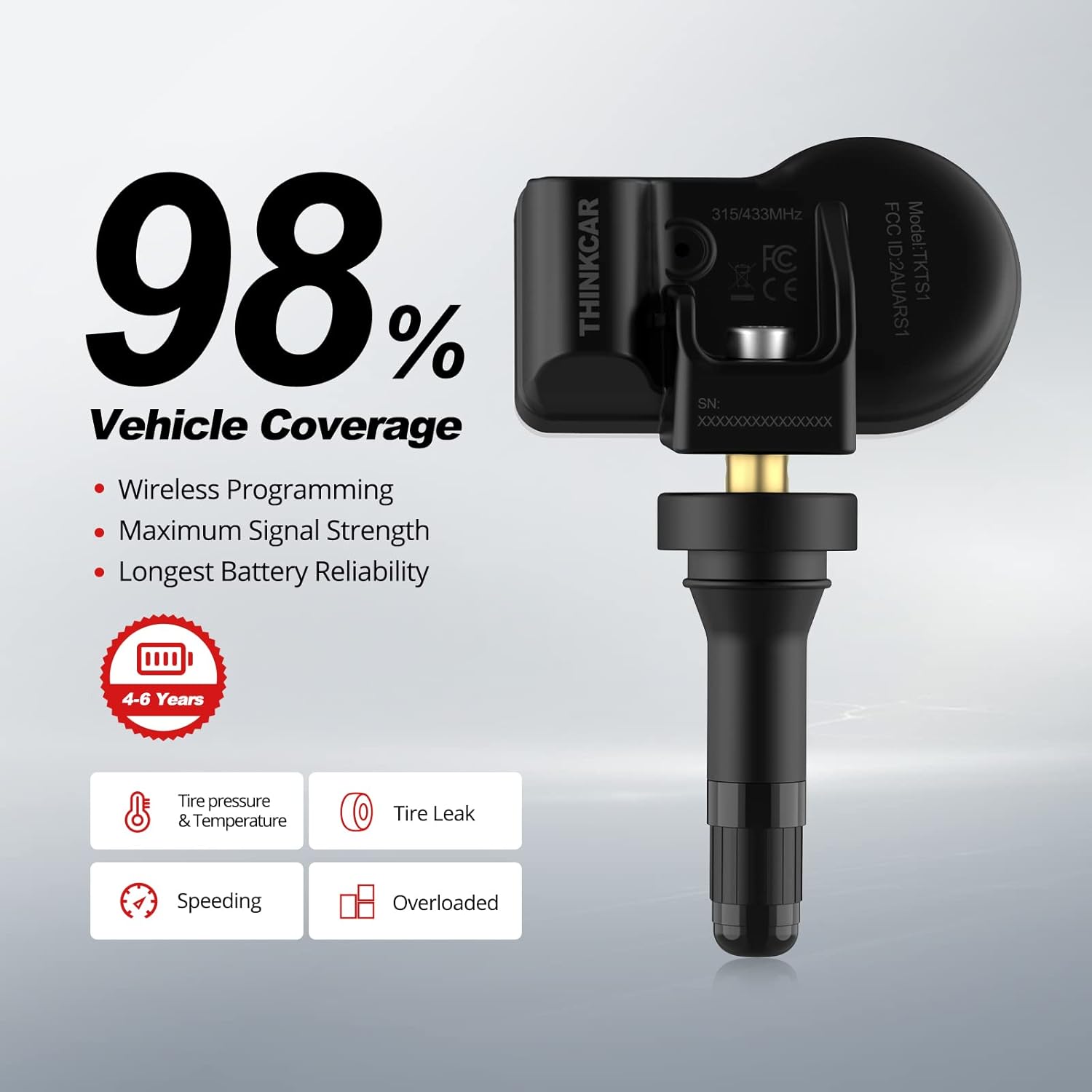 THINKCAR 433+315 MHz Tire Pressure Sensor, THINKTPMS S1 Screw-in Rubber Stem OE-Level Sensor for All Cars, Replace 98% OEM Tire Sensors