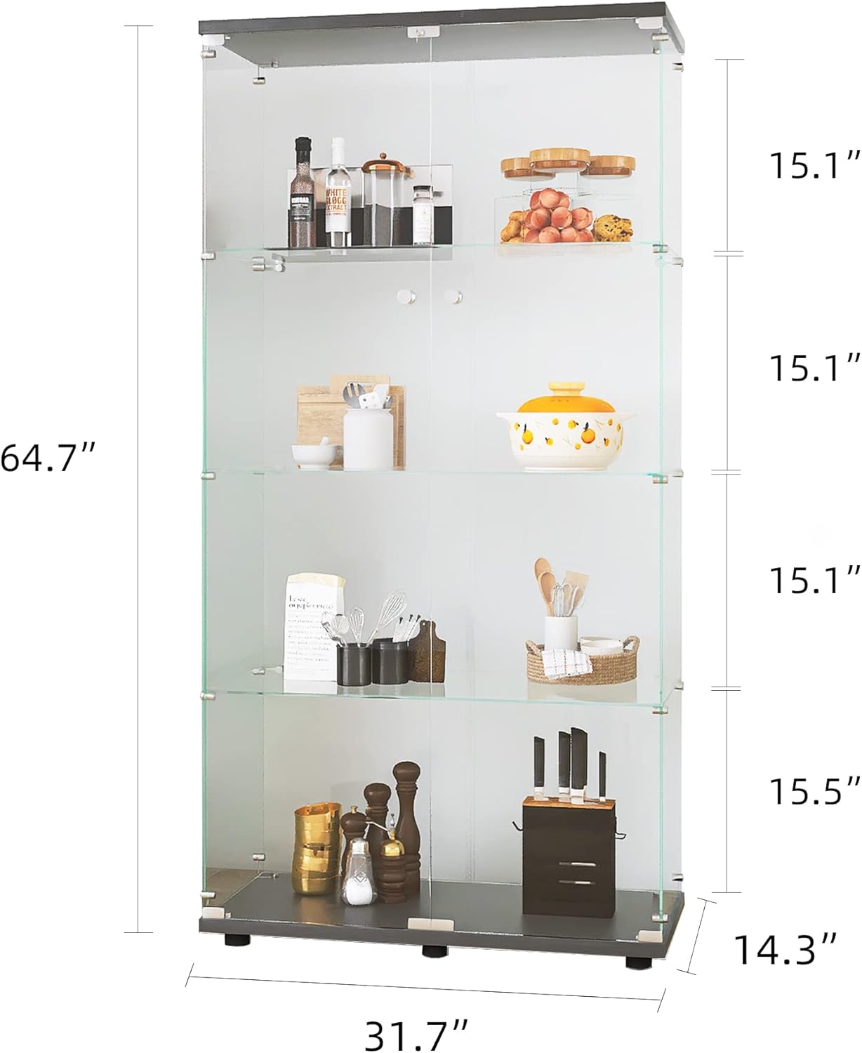 4-Shelf Glass Display Cabinet with Double Door, Fast Installation in 30 Mins, Curio Cabinets 5mm Tempered Glass Floor Standing Bookshelf for Bedroom