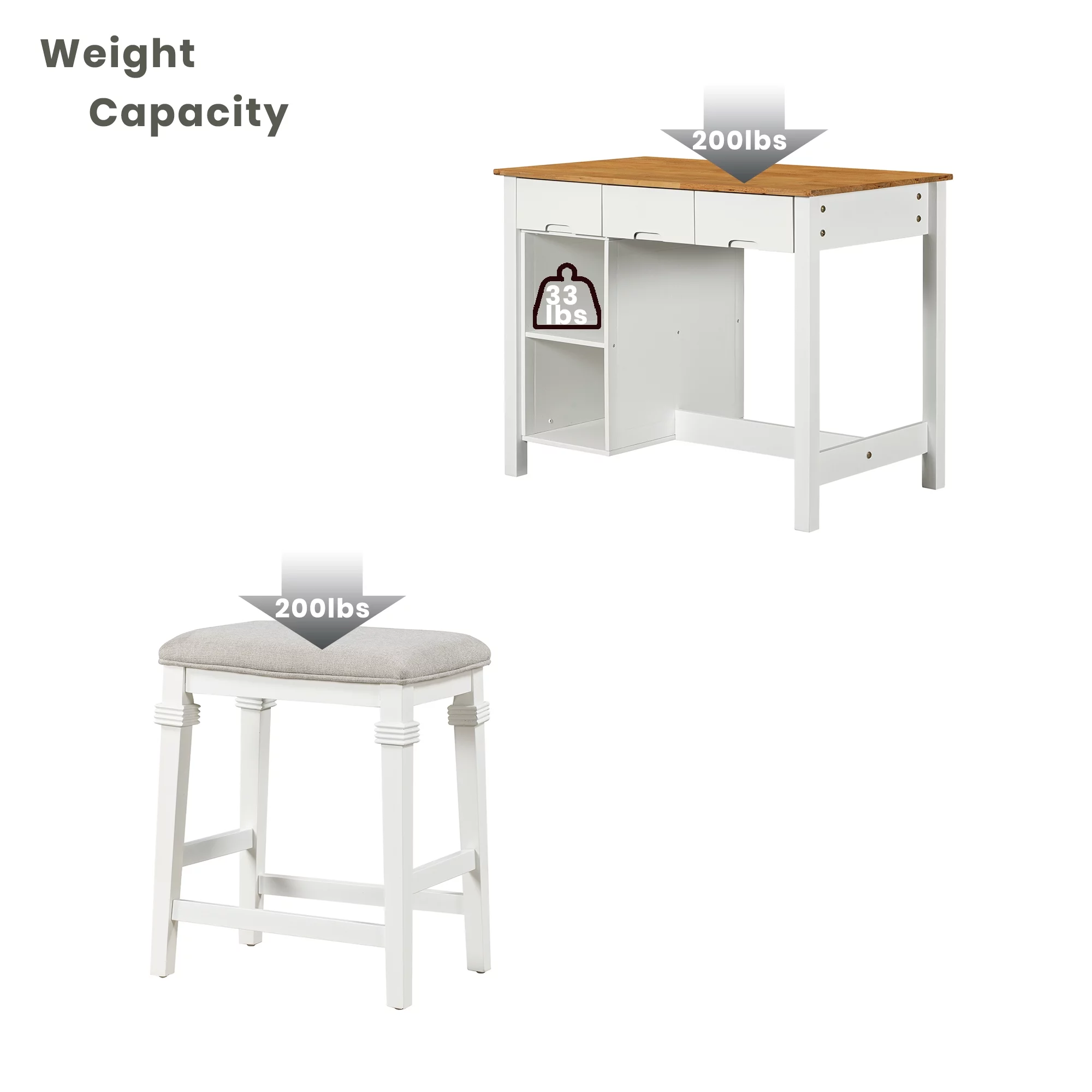 TOPMAX Farmhouse 3-piece 45" Stationary Rubber Wood Kitchen Island Set with 2 Seatings