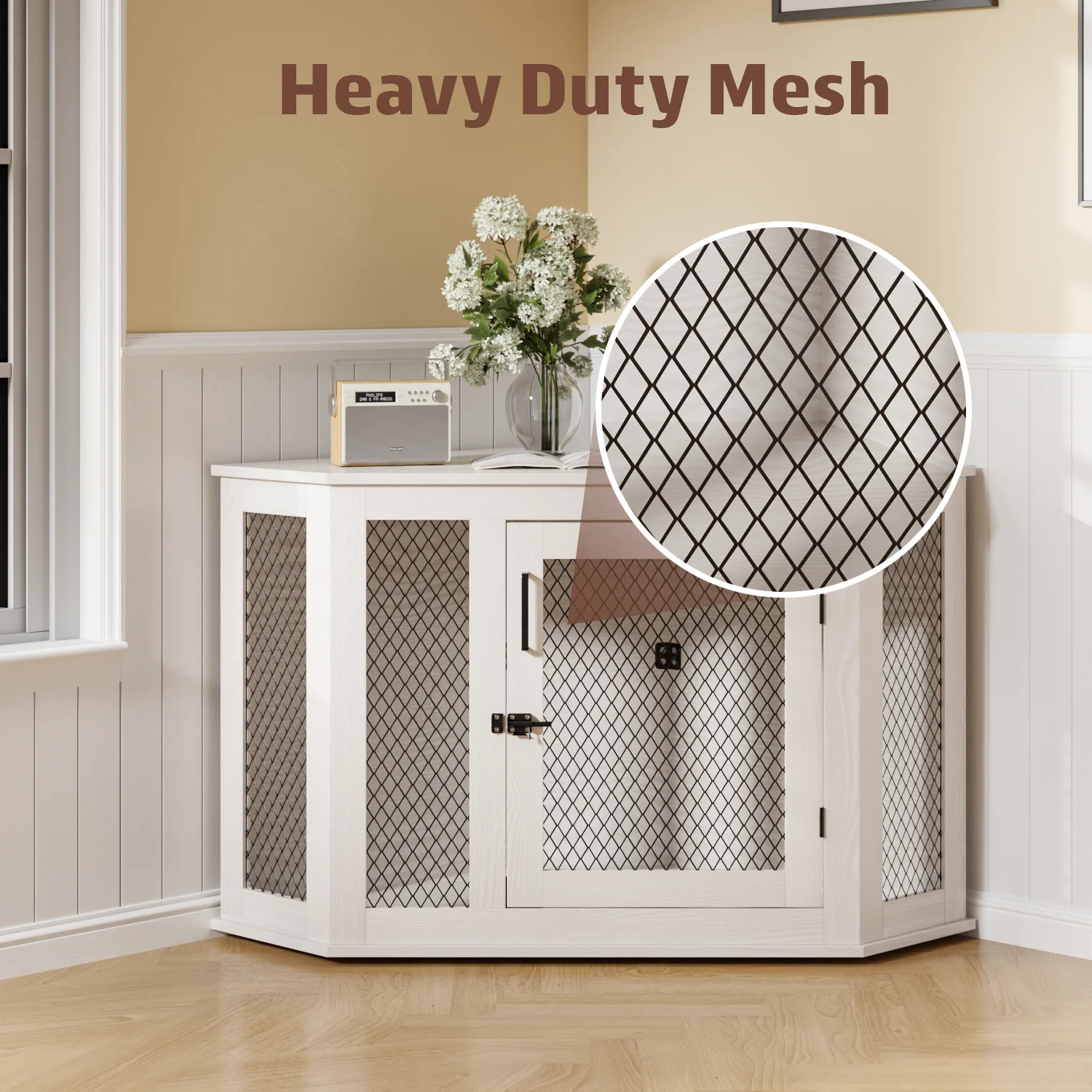 Bossin 44"Corner Dog Crate Furniture，Wooden Dog Kennel Indoor Furniture，Decorative Dog Crate