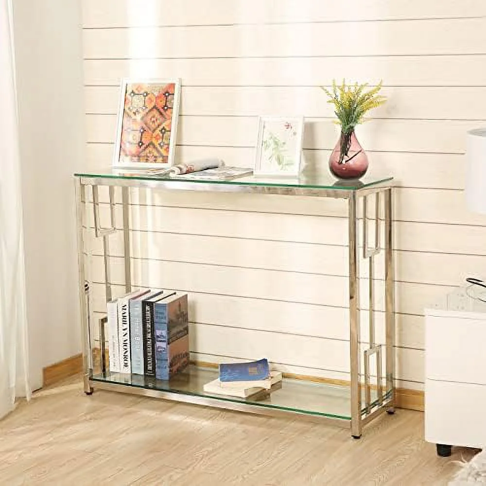 TJUNBOLIFE Glass Console Table with Shelves - Modern Glass Entryway Table with Chrome Leg