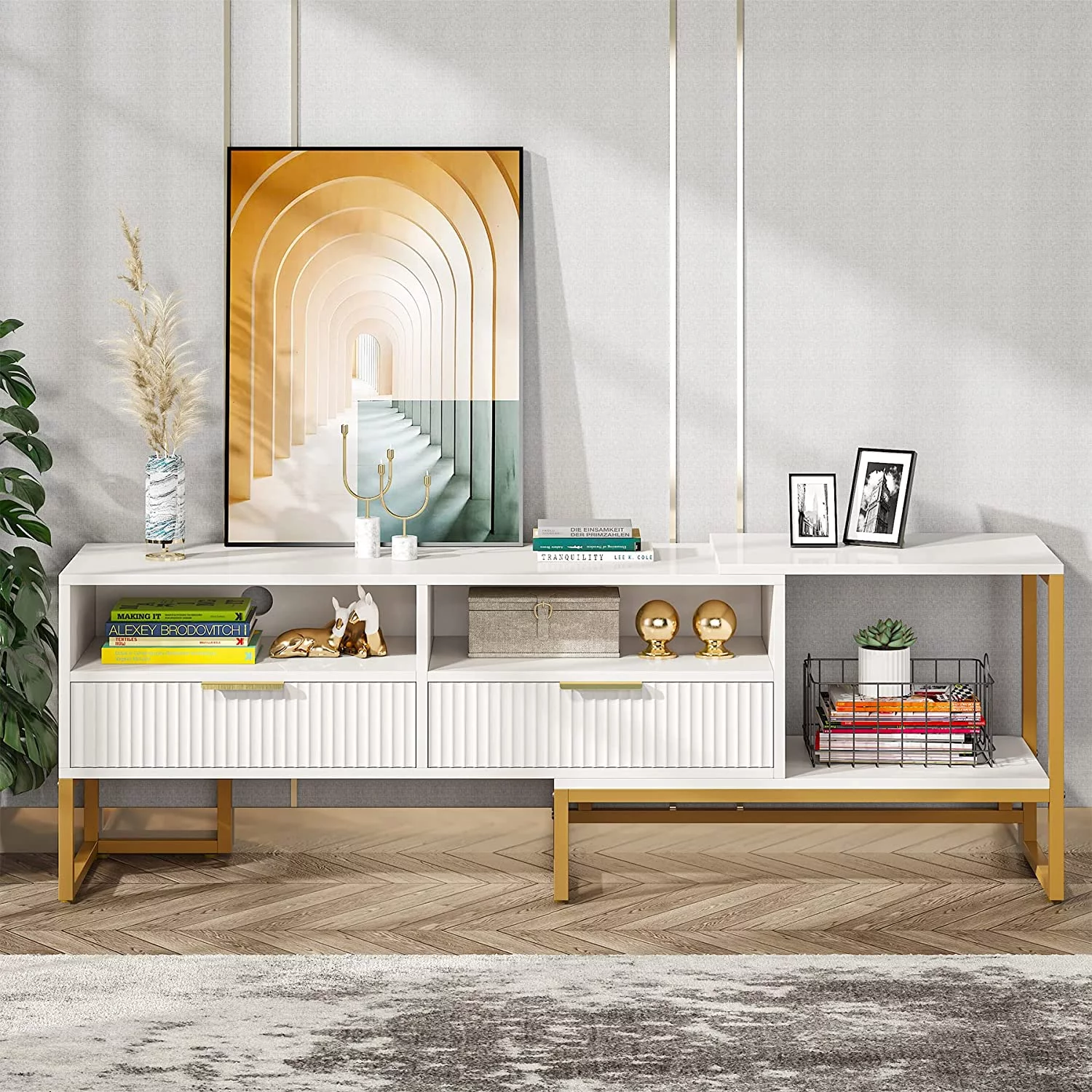 63" Wide TV Stand for TVs up to 65 55 inches, White and Gold Television Stands Entertainment Centers with 2 Drawers and Open Shelves