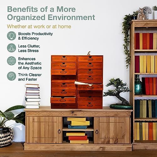 16-Drawer Wooden Storage Box (19.6”x6.89”x19.6”) VIntage Filing Cabinet in Walnut Wood - 16-Slot Wooden Desk Drawer Unit w/Label Holders & Handles