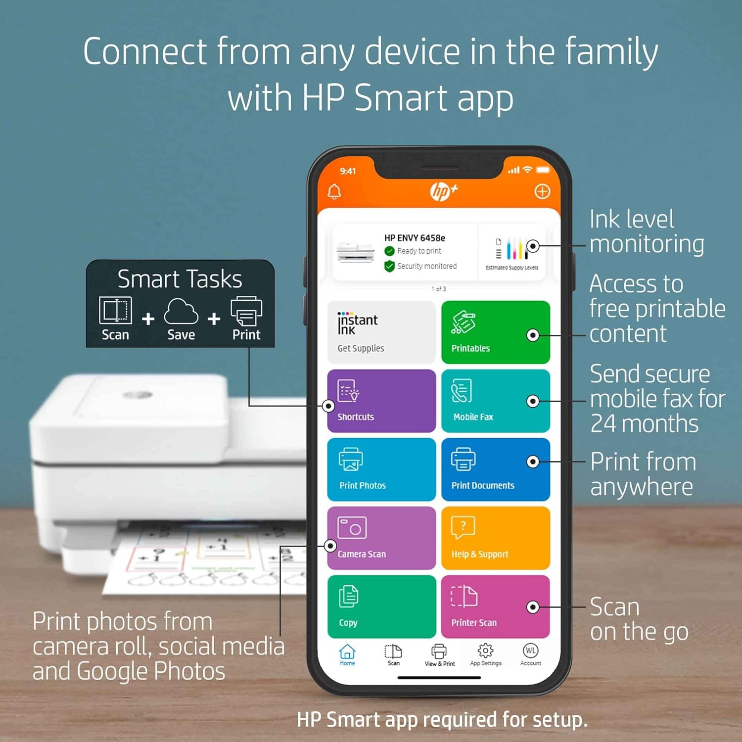 HP Envy 64 58e All-in-One Wireless Color Inkjet Printer for Home Office, White- Print Copy Scan - 10 ppm, 4800 x 1200 dpi, Auto 2-Sided Printing