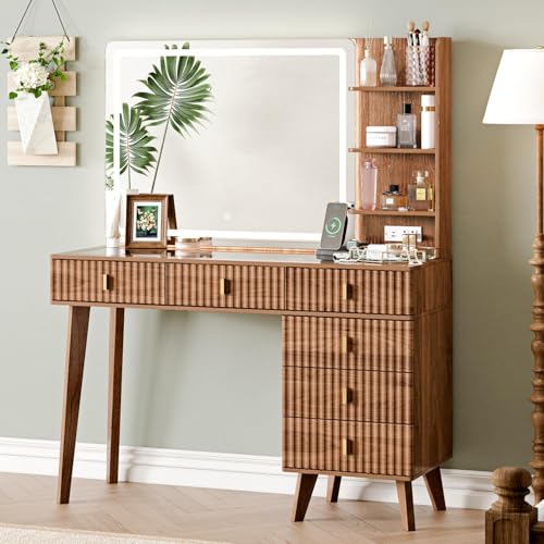 Large Makeup Vanity Desk with Mirror and Lights, Vanity Desk with 6 Drawers & Storage Shelves, Vanity Table with Power Outlet