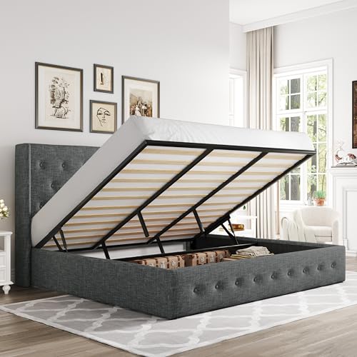 Allewie Full Size Lift Up Storage Bed, Modern Wingback Headboard, Hydraulic Support, No Box Spring Needed, Light Beige
