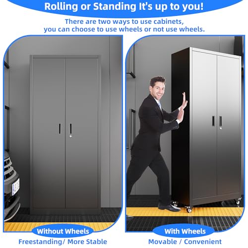 Garage Storage Cabinet with Wheels & Pegboard, 72" H Locking Metal Storage Cabinet with Doors and 4 Adjustable Shelves for Garage Workshop Home