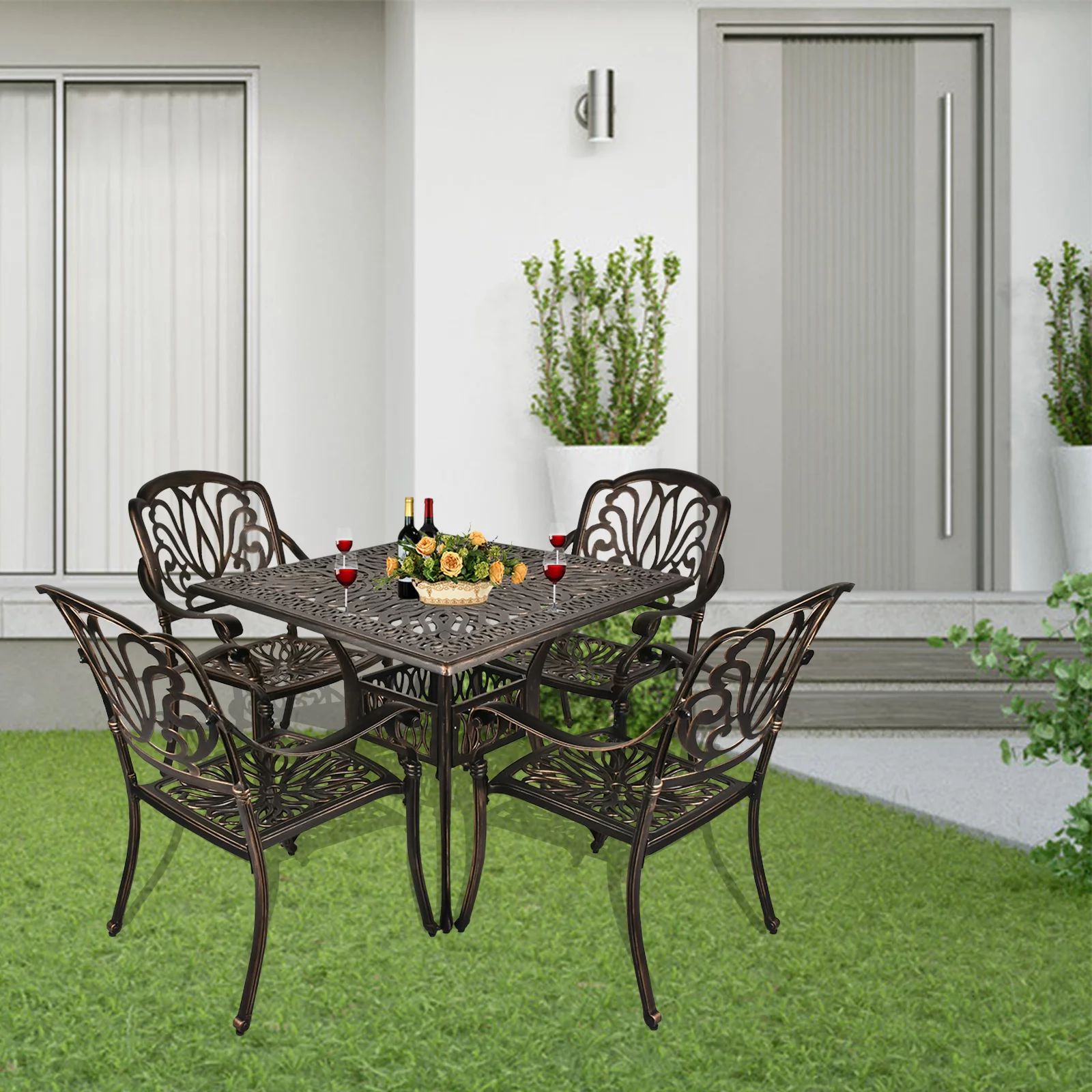Magic Union 5-Piece Outdoor All-Weather Cast Aluminum Furniture Dining Set, Conversation Set with Umbrella Hole for Patio Garden Deck