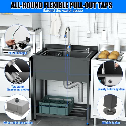Stainless Steel Utility Sink, 36.6" × 24.2" × 36.6"Freestanding Sink with Cold and Hot Water Faucet,Hoses and Drain Kit for Kitchens, Bathrooms