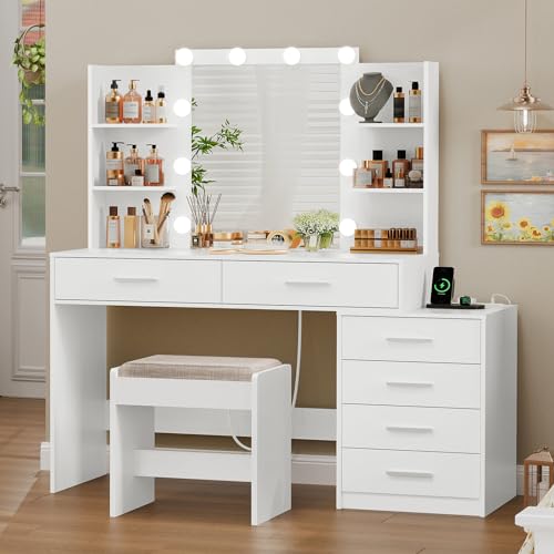 Quimoo Large Vanity Desk with LED Lighted Mirror & Power Outlet,Makeup Vanity Table with 7 Drawers,4 Shelves and 5 Hooks,Vanity Table