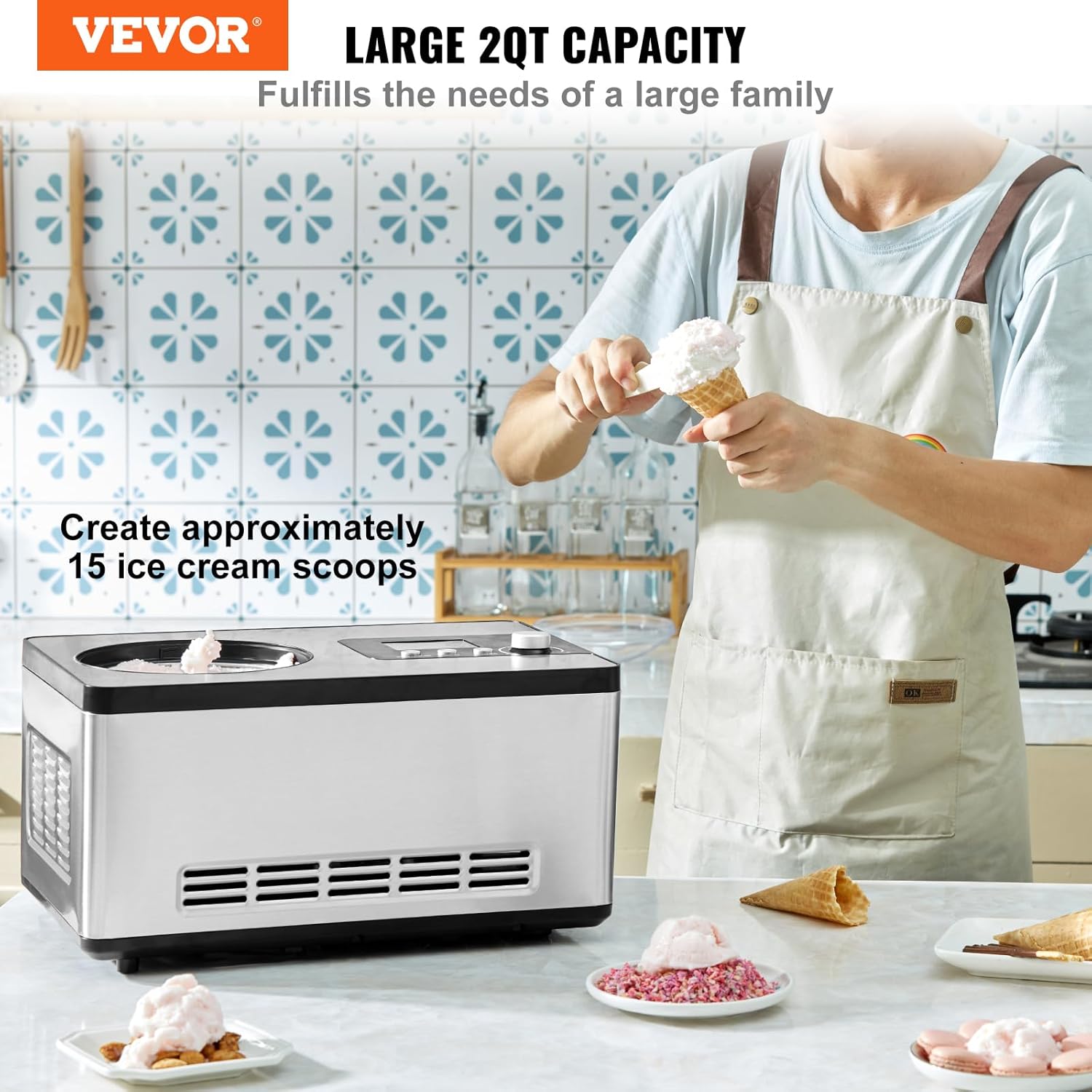 VEVOR Automatic Ice Cream Maker with Built-in Compressor, 2 Quart No Pre-freezing Fruit Yogurt Machine, Stainless Steel Electric Sorbet Maker