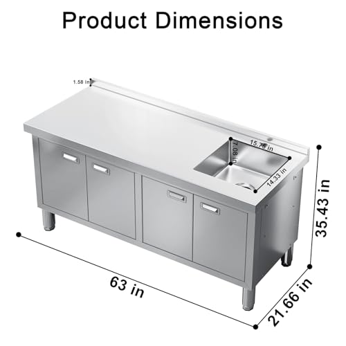ZZV Freestanding Stainless Steel Sink with Cabinet Heavy Duty Utility Sink Commercial for Kitchen Restaurant Hotel Cafe and Outdoor