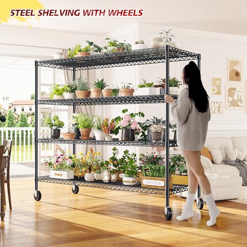 REIBII 75.6" H Storage Shelves Wire Shelving Unit with Wheels 2500LBS Garage Shelving Heavy Duty Metal Shelves for Storage Rack Adjustable Pantry