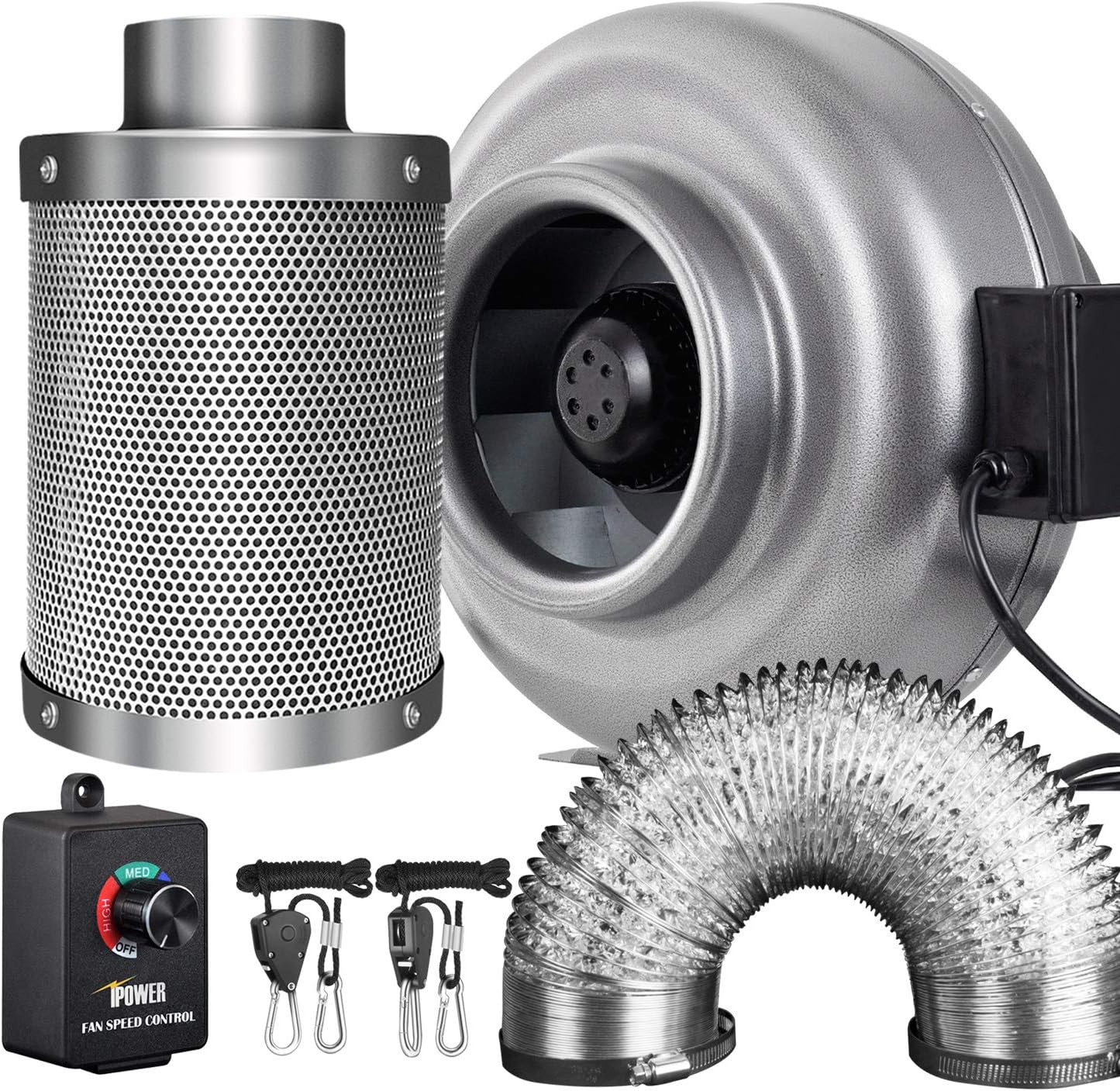 iPower 8 Inch 750 CFM Inline Fan Carbon Filter 25 Feet Ducting Combo with Variable Speed Controller and Rope Hanger for Grow Tent Ventilation
