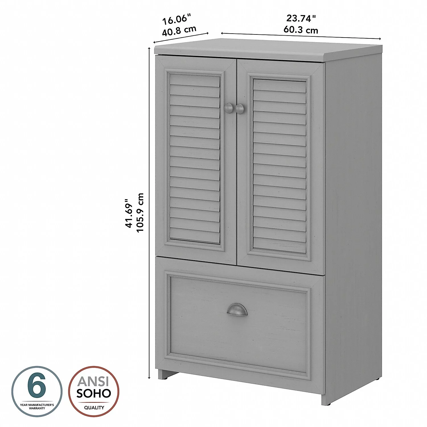 Bush Furniture Fairview Farmhouse Style 2 Door Storage Cabinet with 2 Adjustable Shelves and File Drawer in Cape Cod Gray