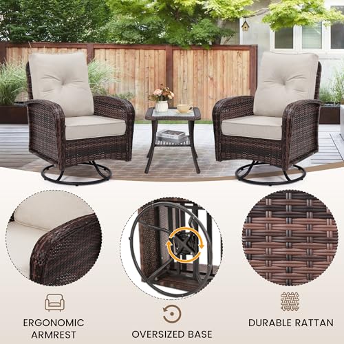3 Piece Rattan Wicker Bistro Set, Outdoor Conversation Furniture Set with Glass Top Table, Space Saving for Balcony, Backyard, Natural