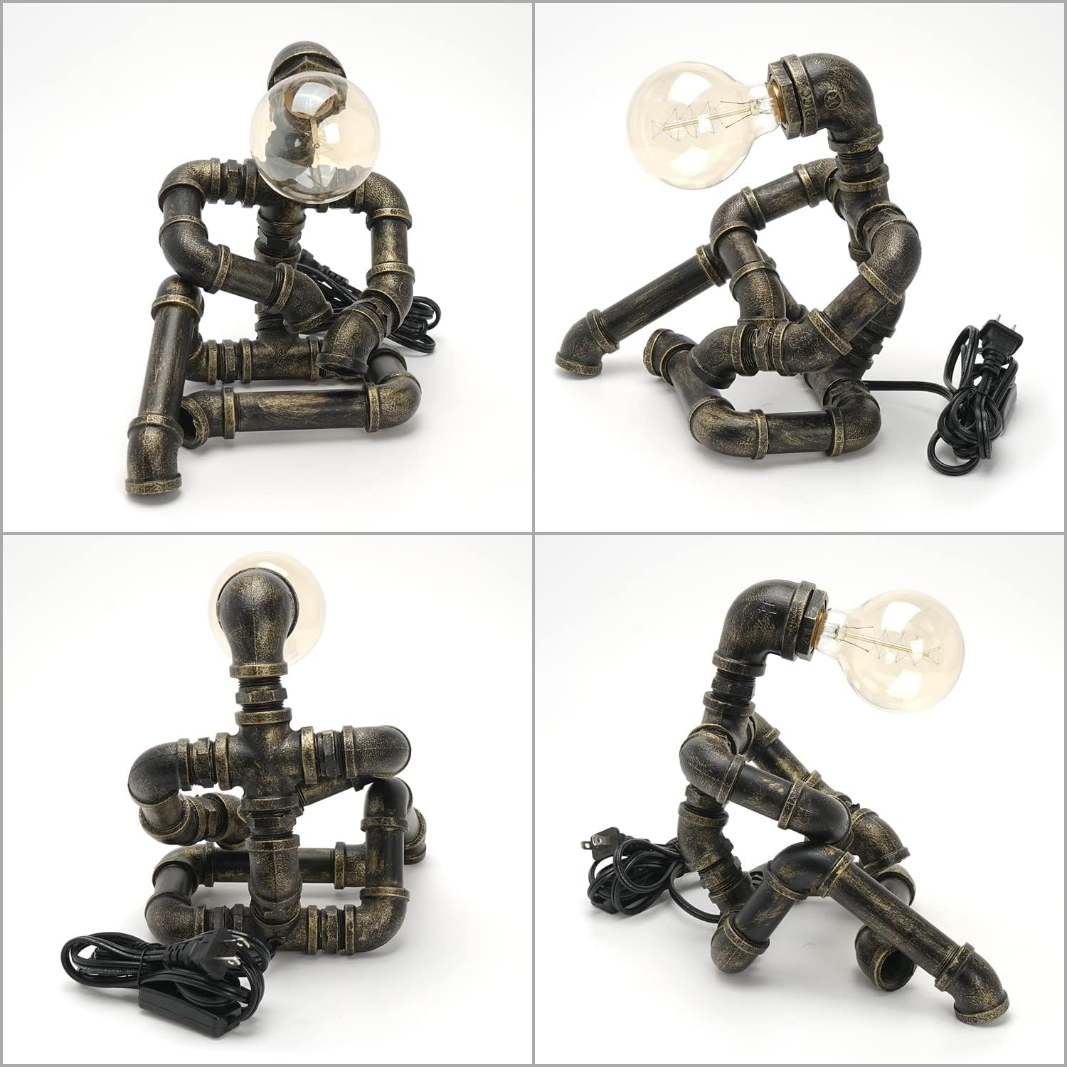 Industrial Robot Lamp Steampunk Table Lamp, Bronze Iron Pipe lamp with Button Switch