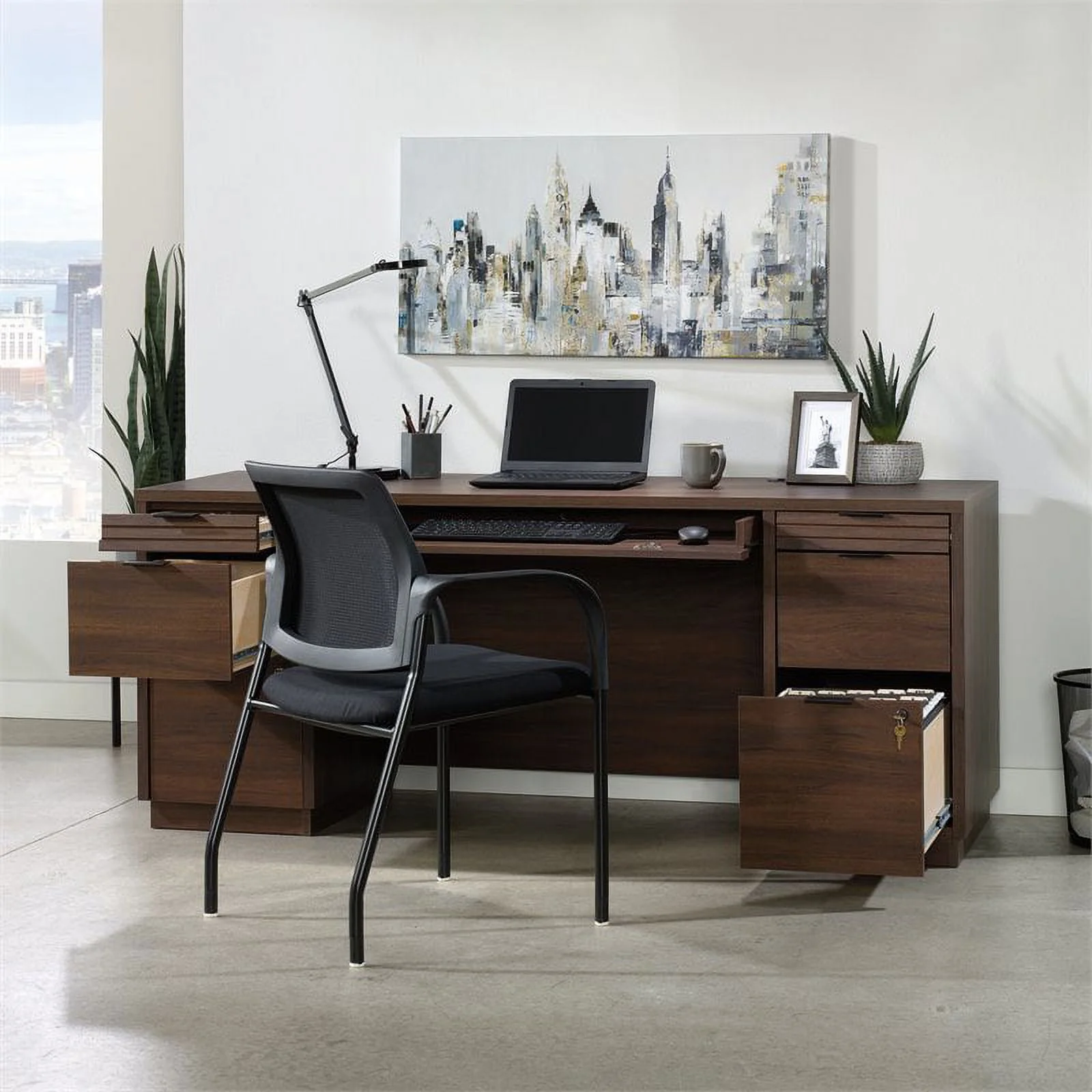 Pemberly Row 72" Wooden Knee Space Computer Credenza Desk in Spiced Mahogany