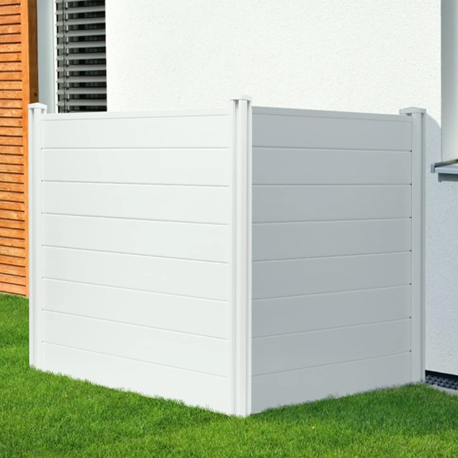 LAZY BUDDY 48''x47.2'' Outdoor Privacy Screen, 2 Panels Vinyl Air Conditioner Fence with 3 Metal Stakes, Privacy Fence Enclosure for Trash Can