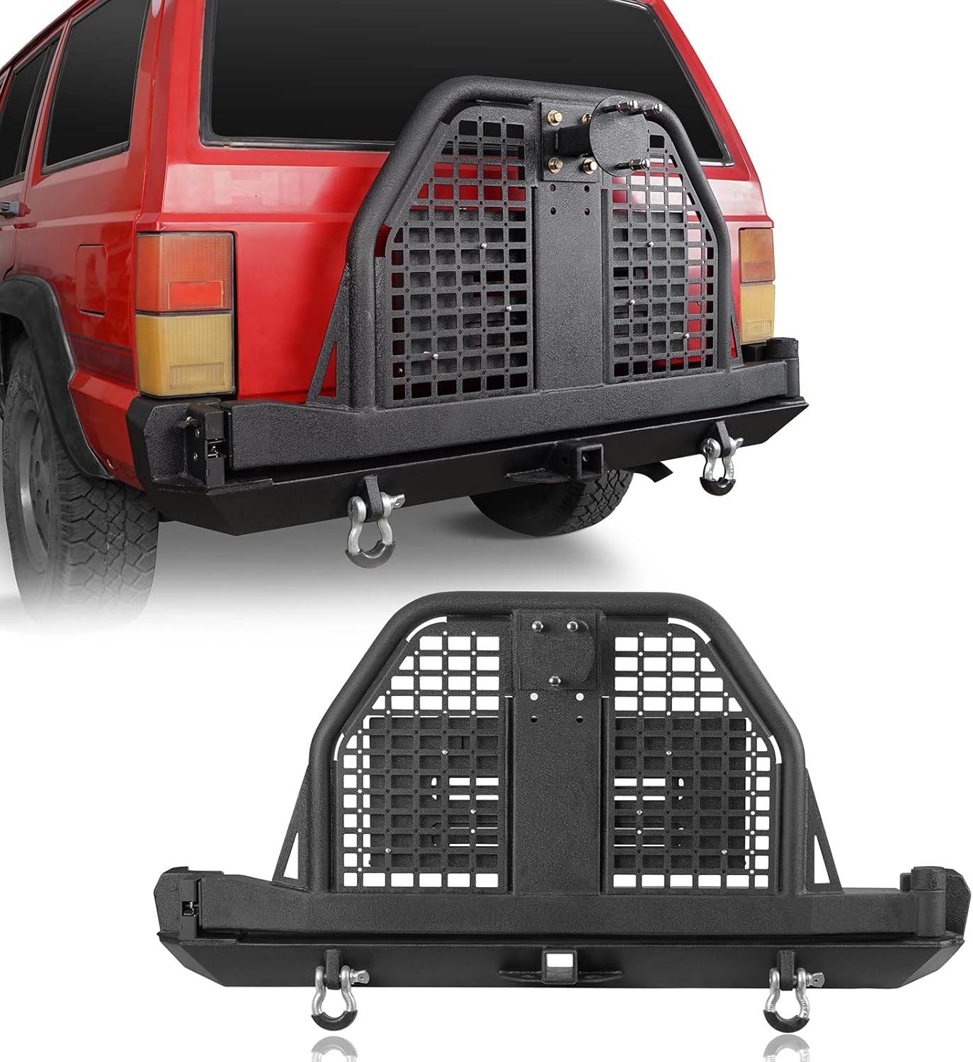 Hooke Road for Jeep Cherokee XJ 84-01, Rear Bumper w/ Swing Out Tire Carrier & Foldable Table (Textured Black Steel)