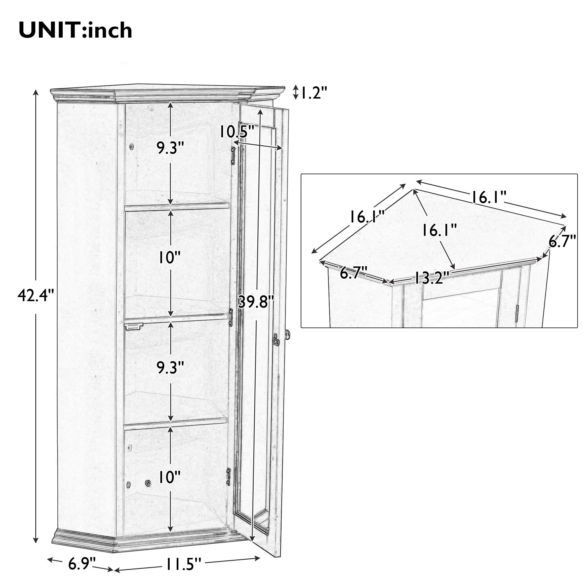 Freestanding Bathroom Cabinet with Glass Door, Corner Storage Cabinet for Bathroom, Living Room and Kitchen, MDF Board with Painted Finish