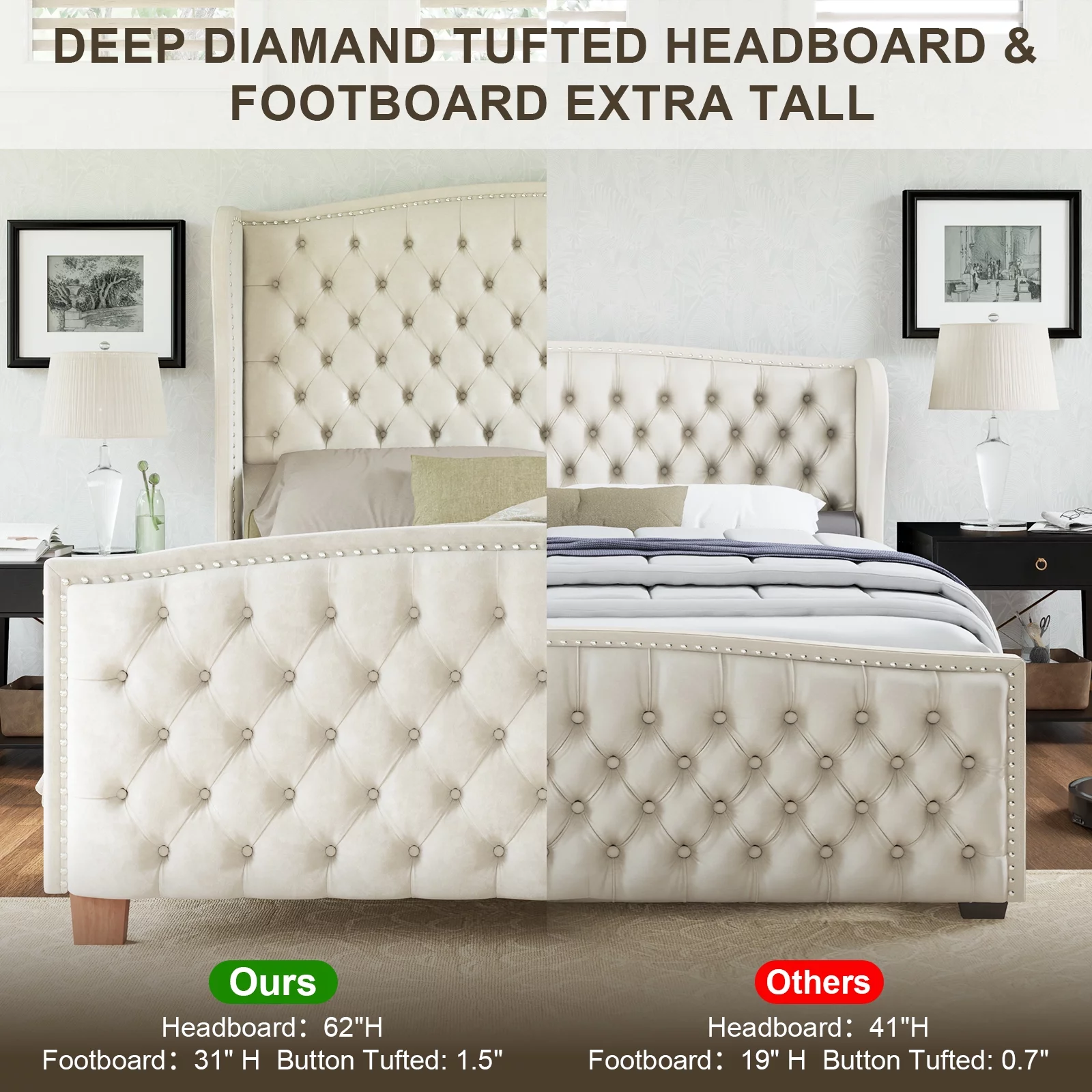 Amerlife 62" High Queen Size Platform Bed Frame, Cream