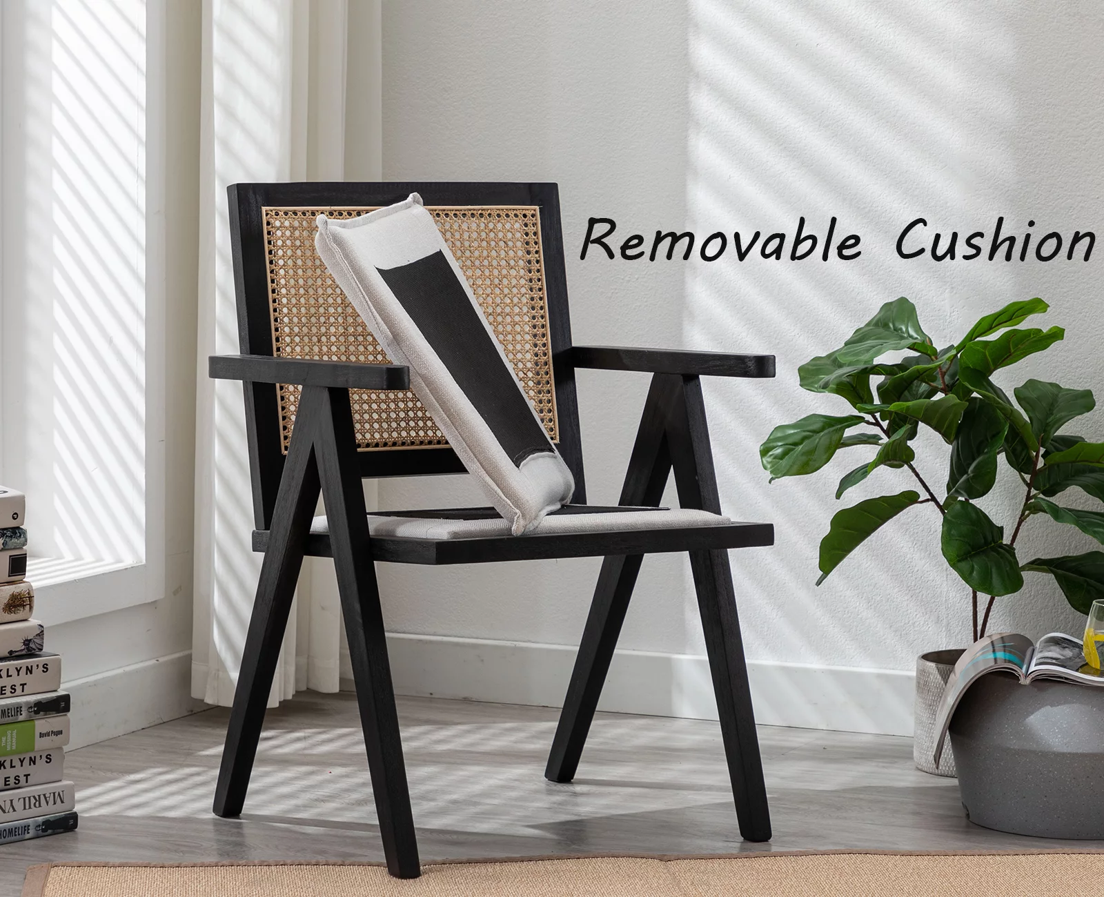 Guyou Modern Rattan Dining Chair Set of 2, Mid-century French Farmhouse Upholstered Solid Wood Armchair Reading Chair