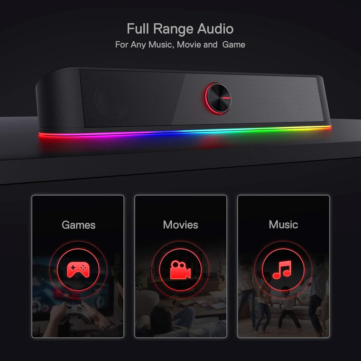 Redragon GS560 Adiemus RGB Desktop Soundbar, 2.0 Channel Computer Speaker with Dynamic Lighting Bar Audio-Light Sync/Display