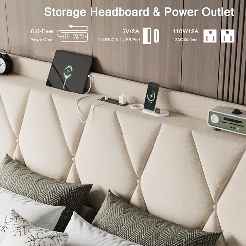 Queen Bed Frame with 4 Storage Drawers and Charging Station, Upholstered Platform Bed Frame with Storage Headboard, No Box Spring Needed