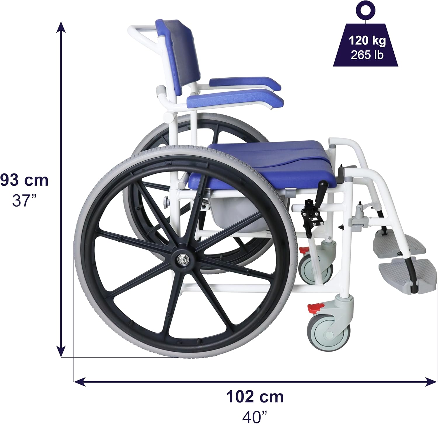 KMINA PRO - Shower Wheelchair for Inside Shower, Adjustable Shower Chair with Wheels for Disabled Adult, Self Propelled Shower Commode Wheelchairs