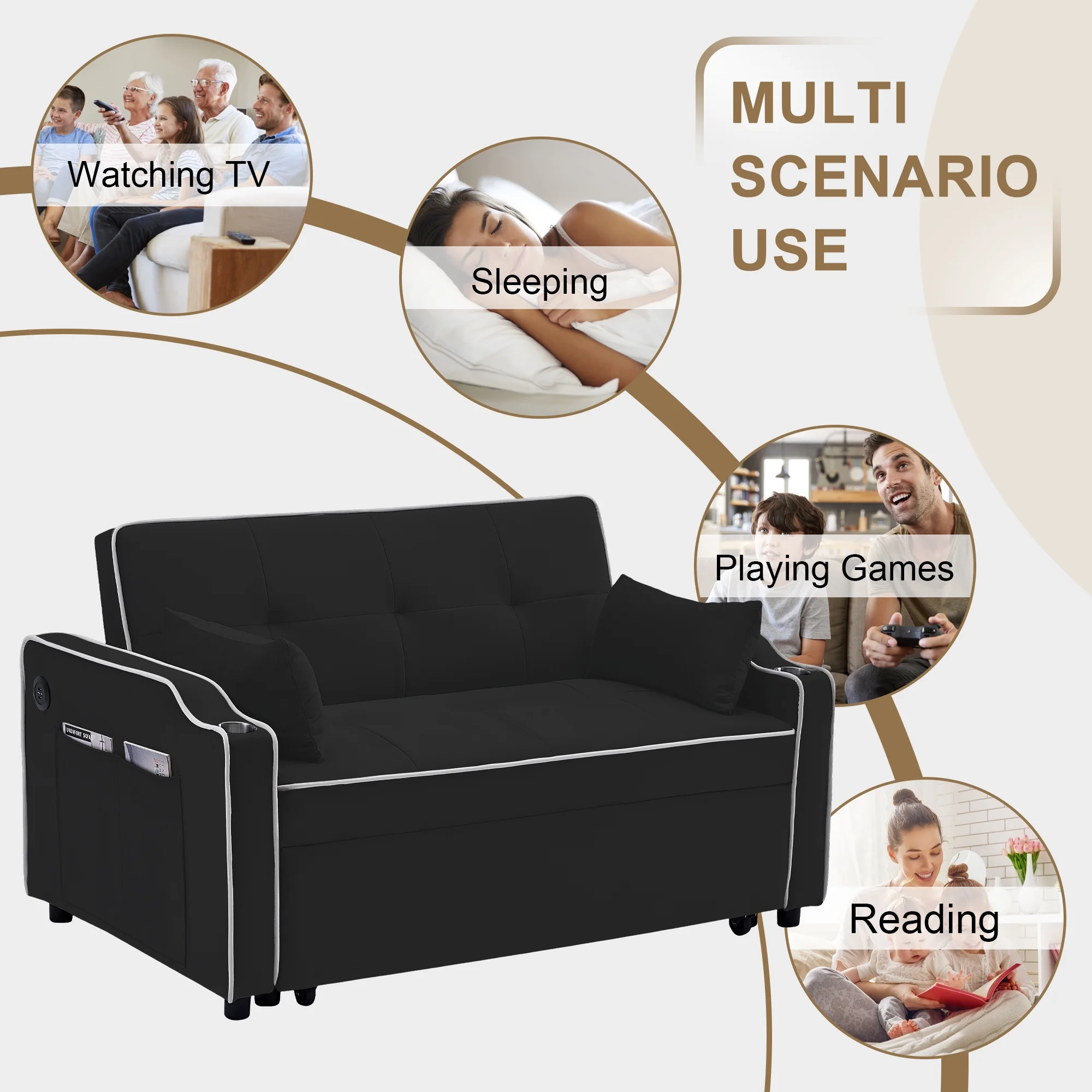 Momspeace Pull Out Loveseat Sleeper Sofa Bed with Cup Holders, Usb Ports and Side Pockets, Black - Radiant Selections