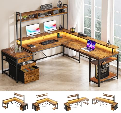 EnHomee Large L Shaped Gaming Desk with Hutch and Drawers, 64" W Reversible Computer Desk with Storage Shelves