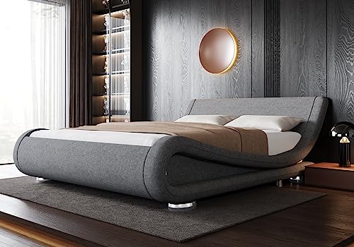 Allewie Queen Size Bed Frame with Ergonomic & Adjustable Headboard, Low Profile Modern Upholstered Platform Sleigh Design - Easy Assembly