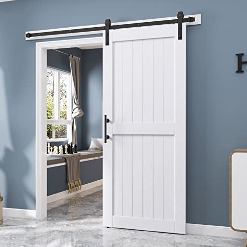 EaseLife 54 x 84 inch White Barn Door with 9FT Sliding Door Hardware Kit Included & Handle,Solid Wood Covered with Waterproof PVC Surface