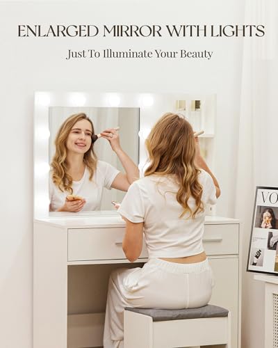 Vanity Desk with Mirror and Lights, Makeup Vanity with Drawer & Storage Shelves, Cabinet, 3 Lighting Modes Adjustable Brightness