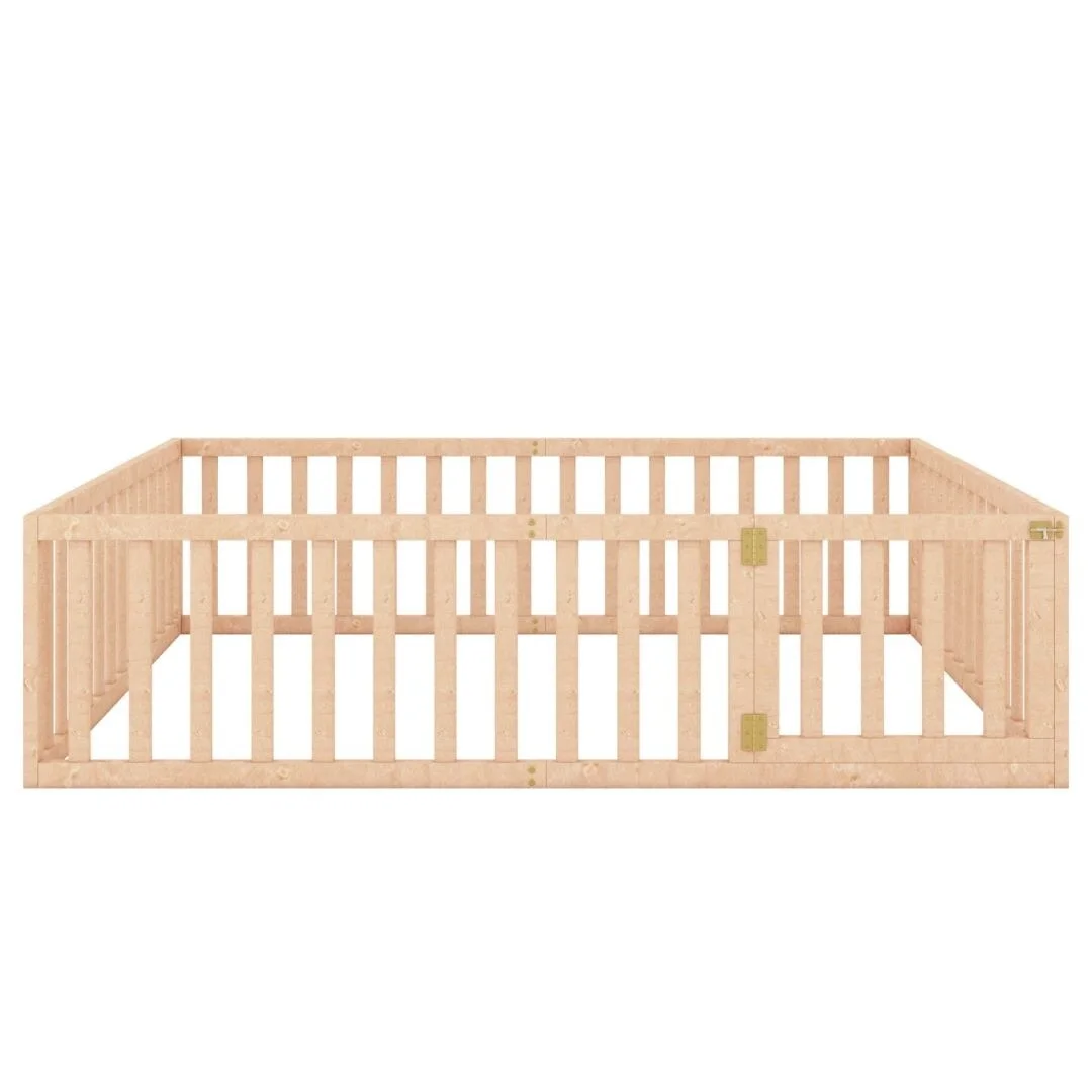 Natural Queen Size Wood Floor Bed Frame with Fence and Door