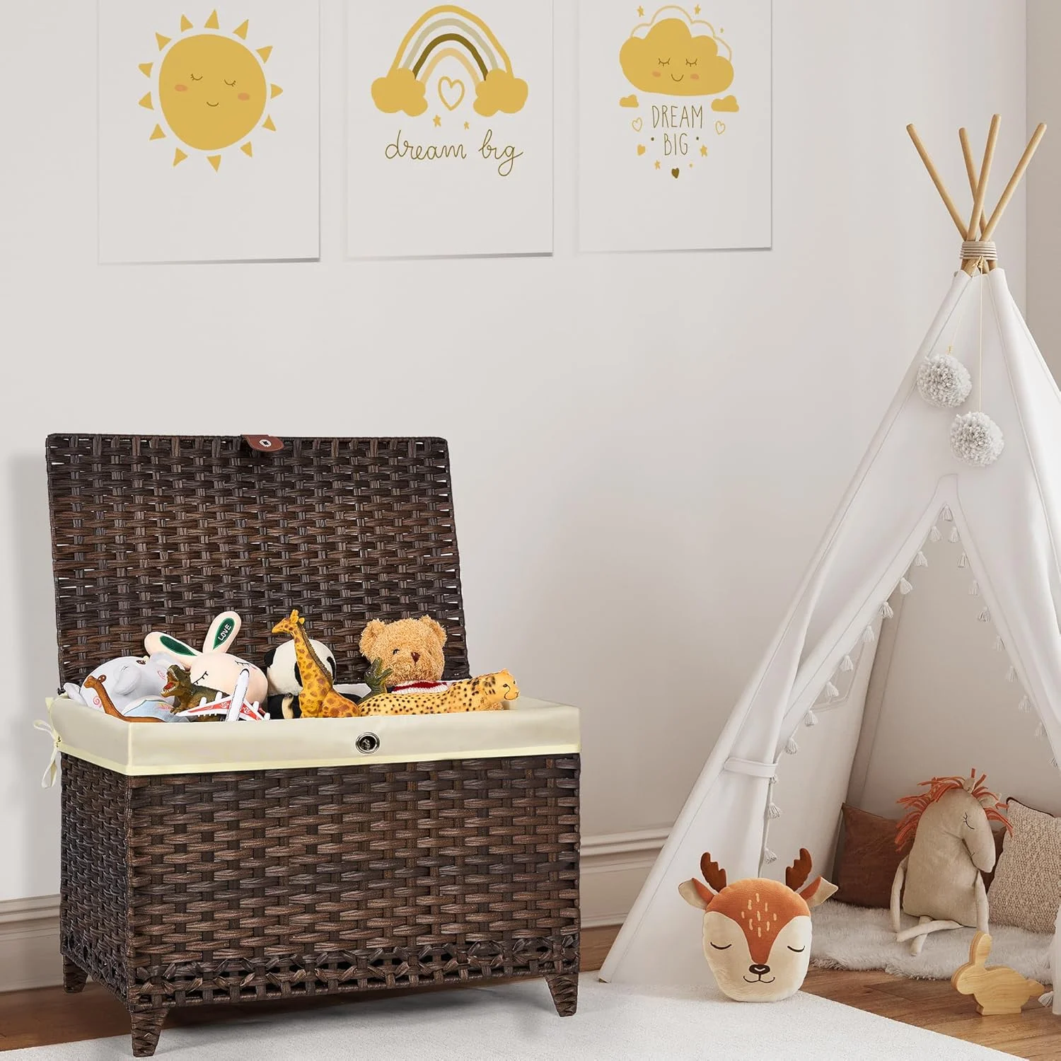 Wicker Storage Basket with Lid,Rattan Shelf Basket with Removable Liner Bag,160L Storage Bin,Storage Trunk with Heightened Feet