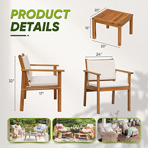 Flamaker Patio Chairs 3 Piece Acacia Wood Patio Furniture with Coffee Table & Cushions Outdoor Conversation Set Balcony Chairs for Porch, Deck