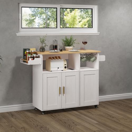 Rolling Mobile Kitchen Island Cart with Desktop Drop Leaf Countertop, Island Table Storage with 5 Wheels