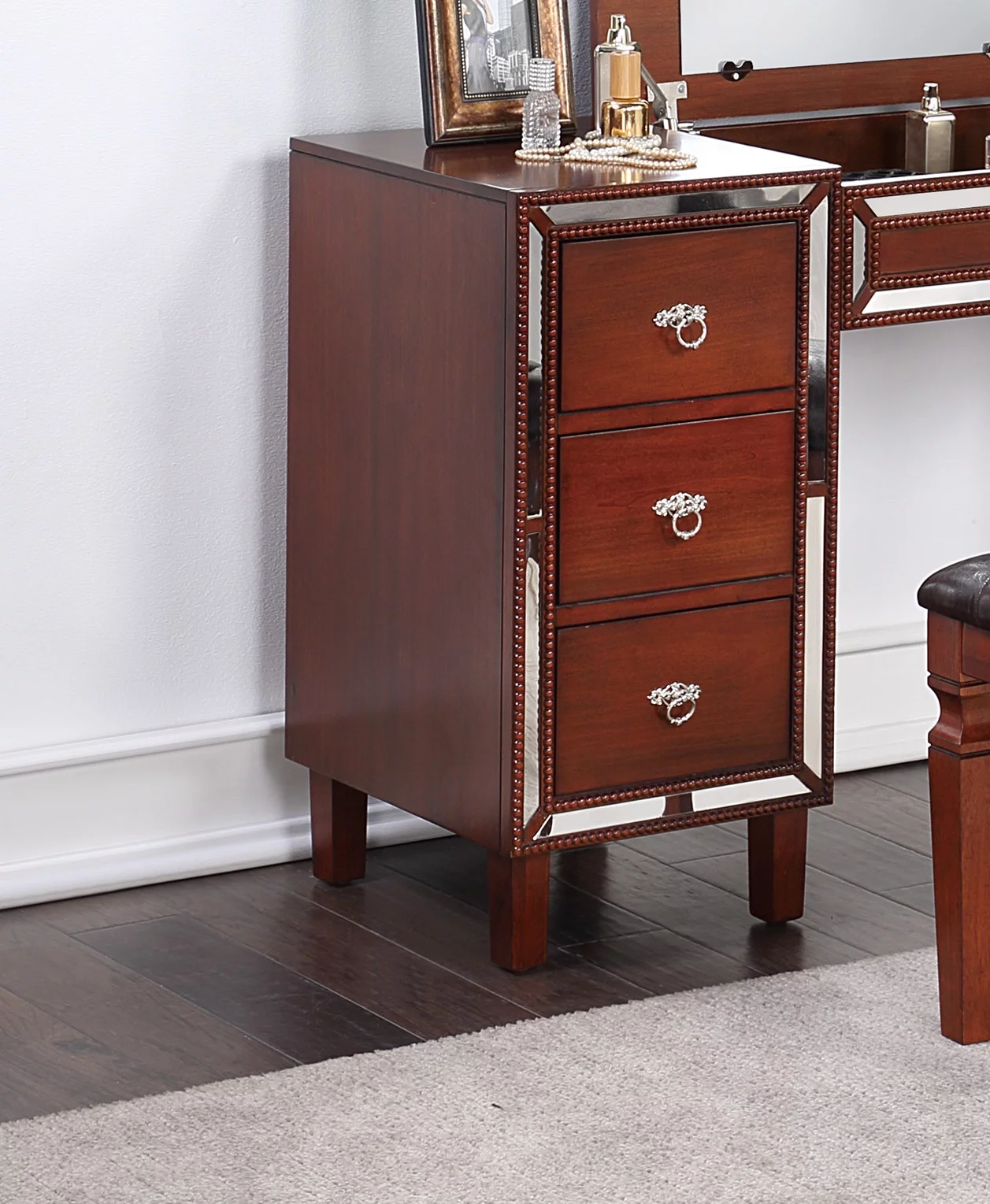 CoSoTower Traditional Formal Cherry Color Vanity Set W Stool Storage Drawers 1PC Bedroom Furniture Set Tufted Seat Stool