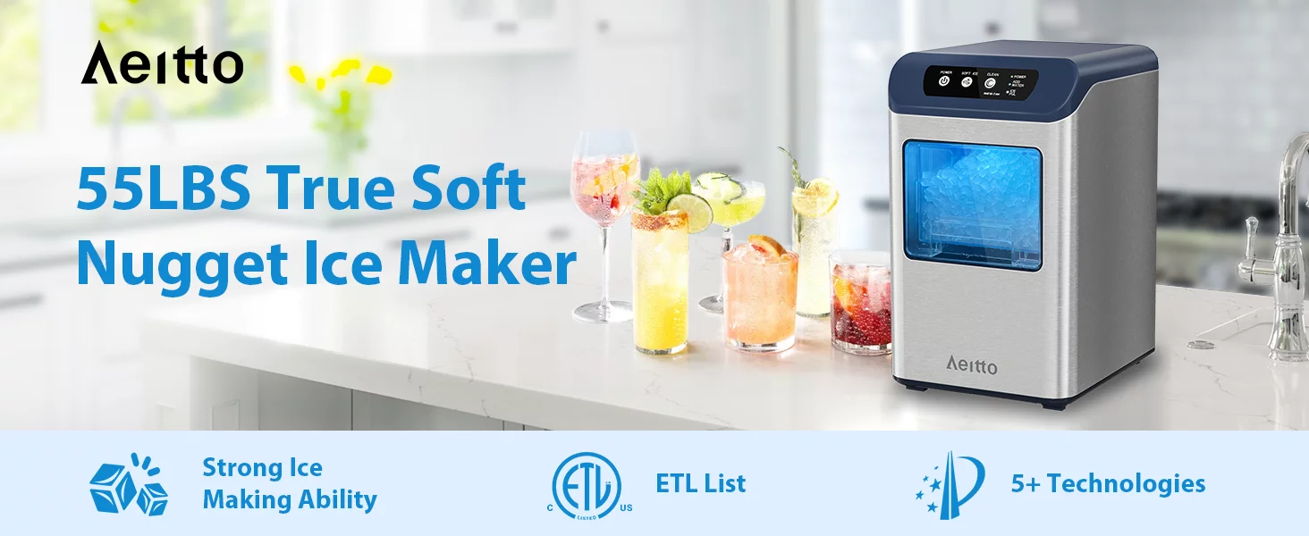 Aeitto® Nugget Ice Maker Countertop, 55 lbs/Day, Chewable Ice Maker, Rapid Ice Release in 5 Mins, Auto Water Refill, Self-Cleaning