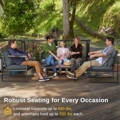 EAST OAK Courtyard Patio Furniture Set, 4-Piece Outdoor Patio Set with Sofa, Removable & Washable Deep Seating Cushion, Tempered Glass Table