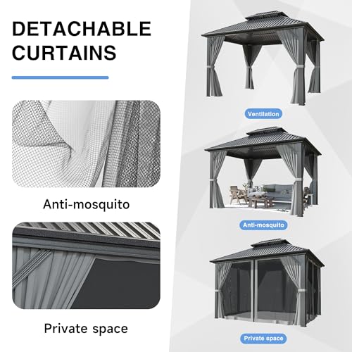 10x10 FT Gazebo Hardtop Gazebo Aluminum Pergola with Aluminum Frame, Double Galvanized Steel Roof