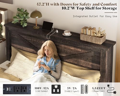 AMERLIFE 47.2" H King Bed Frame with Hidden Space Bookcase Headboard and Charging Station, Beds with 2 Storage Drawers and Wood Slats